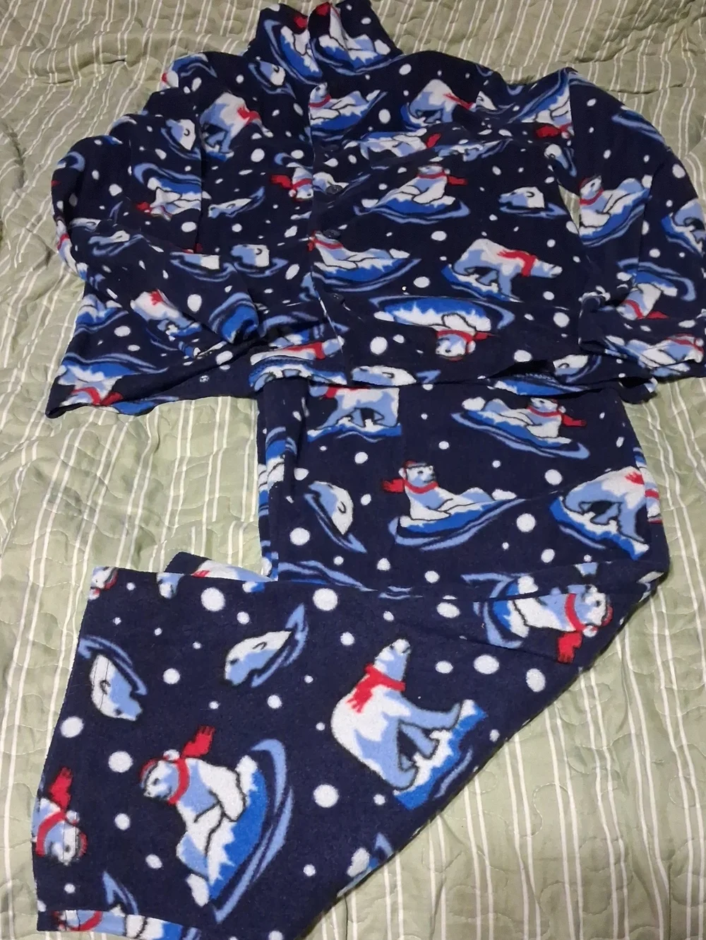 Faded Glory Navy Polar Bear Fleece Pajama Set with Red Accents